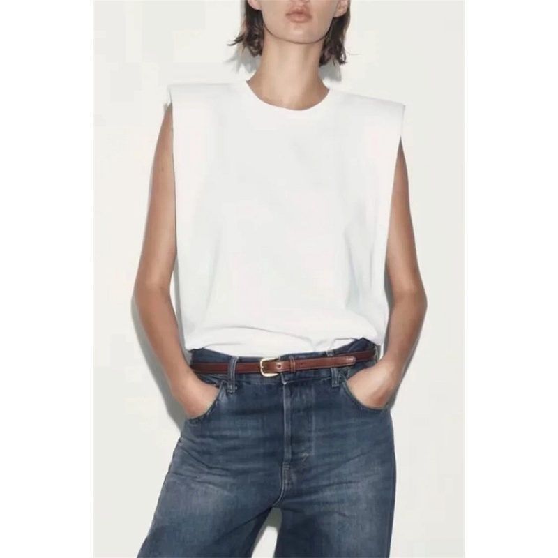 Zara Áo Thun Cotton Sát Nách Cổ Tròn Có Đệm Vai Trang Trí Thời Trang Cho Nữ 0858034