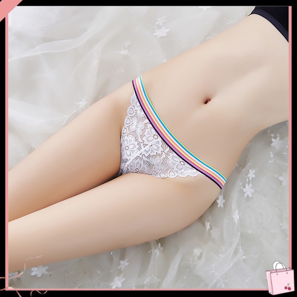 Quần Lót Ren Mềm Mại Lưng Thấp Thêu Hoa Phối Màu Cầu Vồng Chống Chảy Xệ Cho Nữ