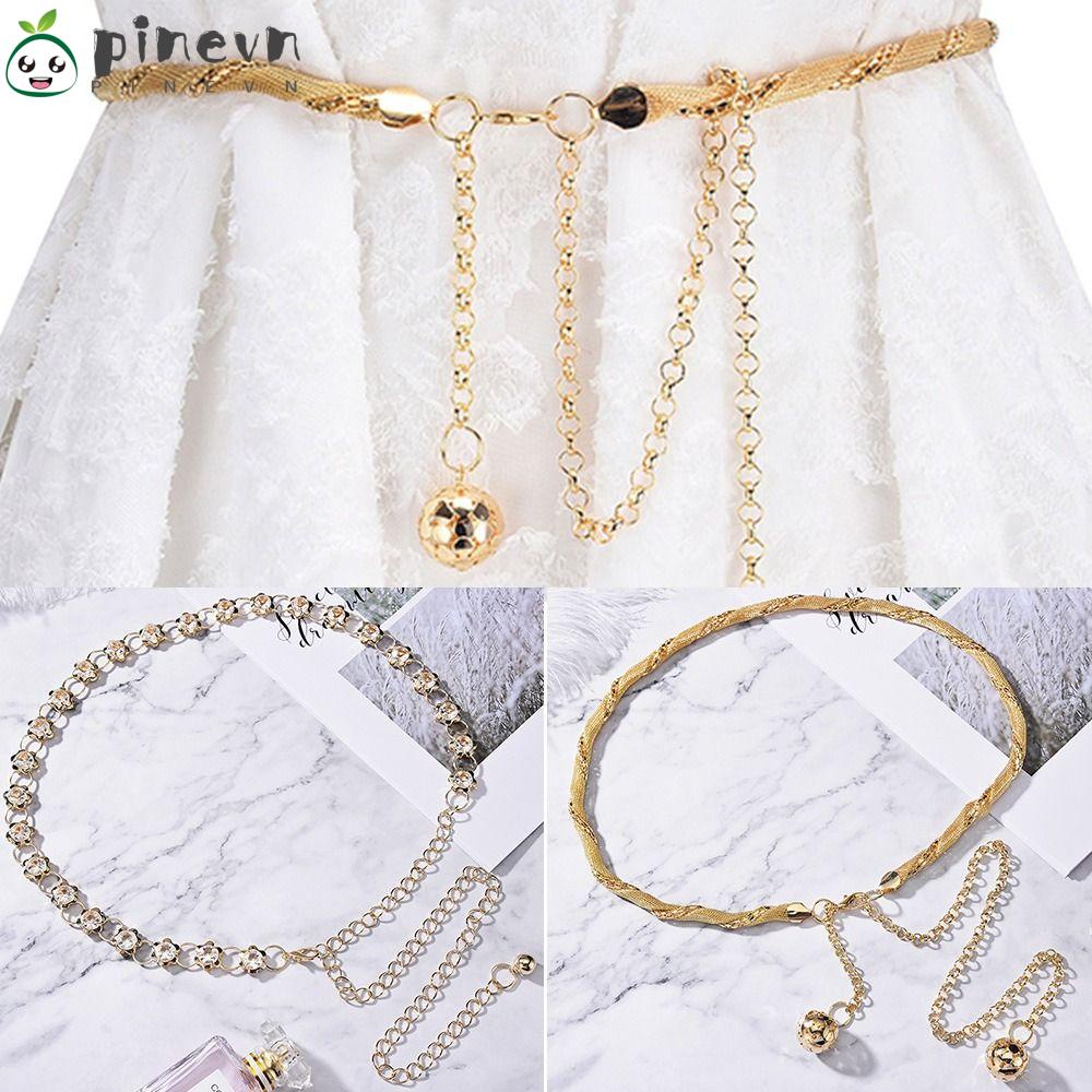 PINEVN Thắt Lưng Dây Xích Kim Loại Đính Đá Sang Trọng