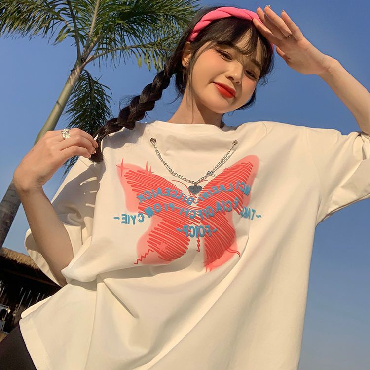 Áo Thun Ngắn Tay Dáng Rộng In Họa Tiết Phối Dây Xích Thời Trang Mùa Hè Hàn Quốc Mới Dành Cho Nữ