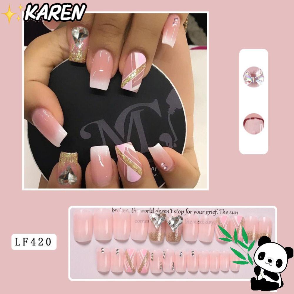 KAREN Bộ 24 Móng Tay Giả Che Phủ Toàn Diện Đính Pha Lê Trái Tim