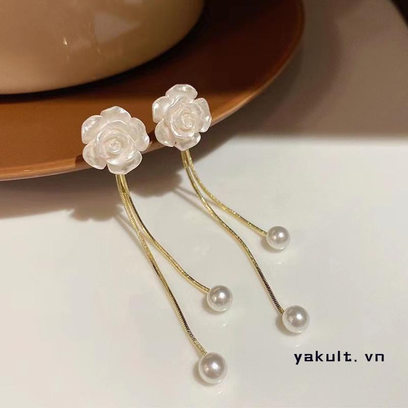 🎀 yakult 🎀Hoa Tai Dáng Dài Hình Hoa Trà Đính Ngọc Trai Phối Tua Rua Phong Cách Cổ Điển