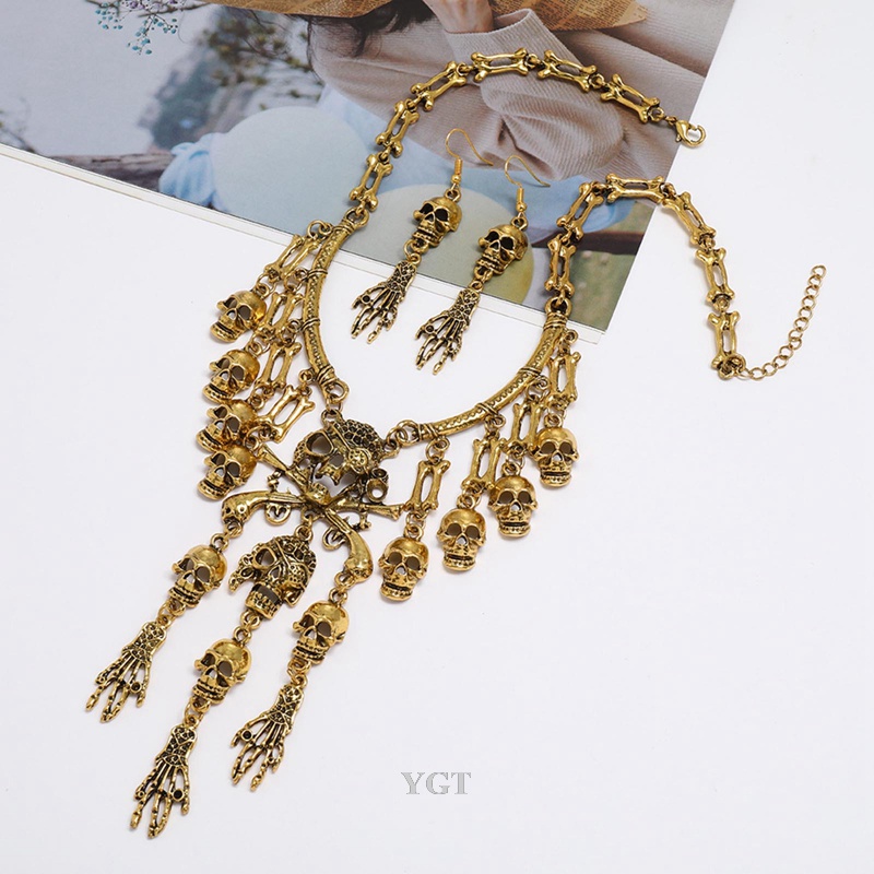Ygt Set Vòng cổ + Bông Tai Hình Đầu Lâu Cướp Biển Nhiều Tầng Phong Cách Cổ Điển Cho Nữ