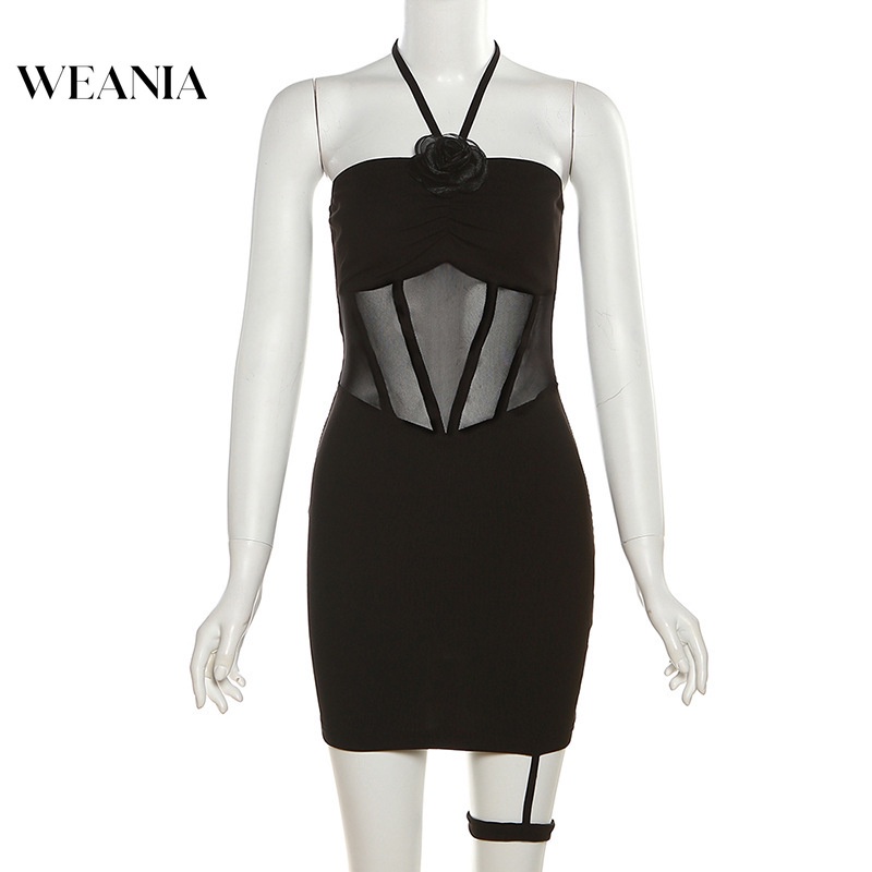 Weania Đầm Lưới Ôm Sát Chân Phối Dây Xích Hoa Hồng Ghép Nối Gợi Cảm Cho Nữ