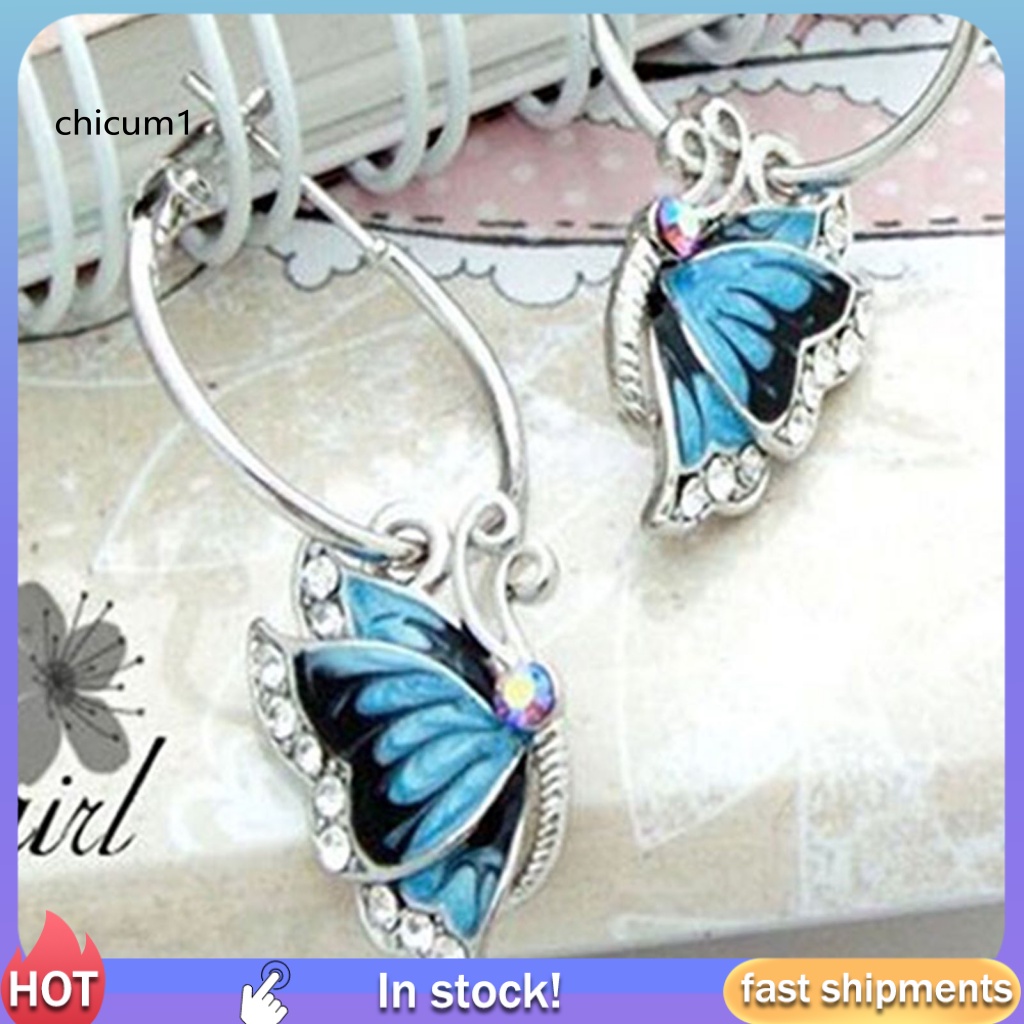 1 Cặp Bông Tai Hình Bướm Tráng Men Đính Đá Pha Lê Xanh Dương Cho Nữ