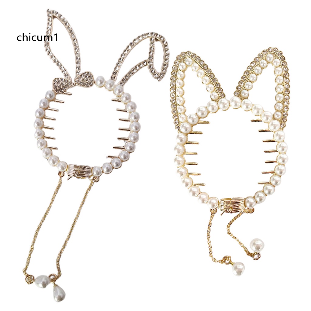 Kẹp Tóc Hình Tai Mèo Đính Đá Và Ngọc Trai Giả Lấp Lánh Thời Trang Cho Nữ