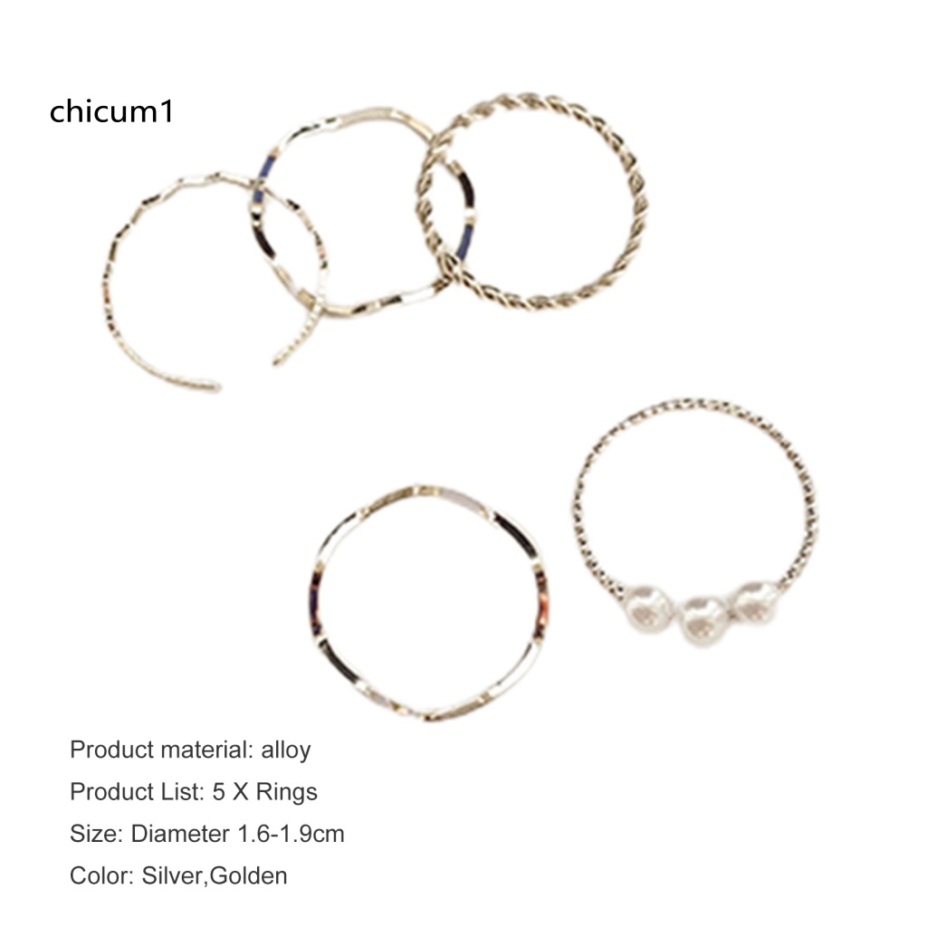 Set 5 Nhẫn Mạ Điện Đính Ngọc Trai Giả Phong Cách Nhật Hàn