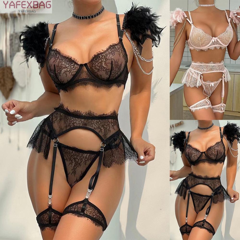 Sensational Lace Feather Lingerie 3 Piece Bra Set Chain Panties Garters Included