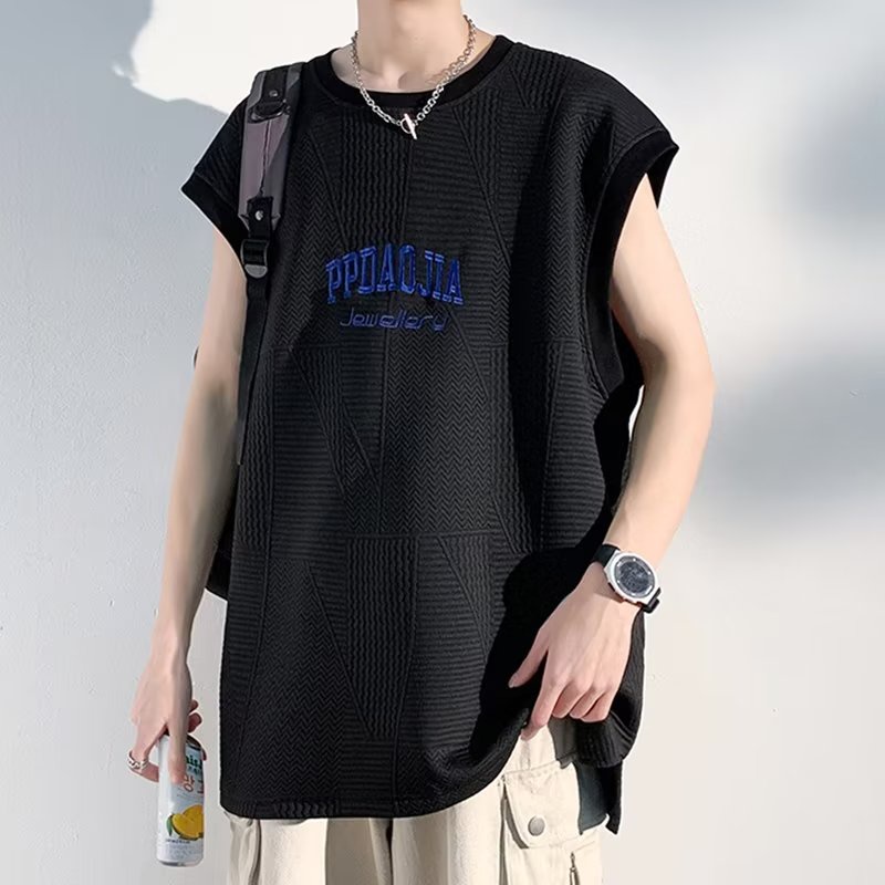 Áo Thun Sát Nách Dáng Rộng Thêu Họa Tiết Kiểu Đường Phố Mỹ Thời Trang Mùa Hè Cho Nam 350g