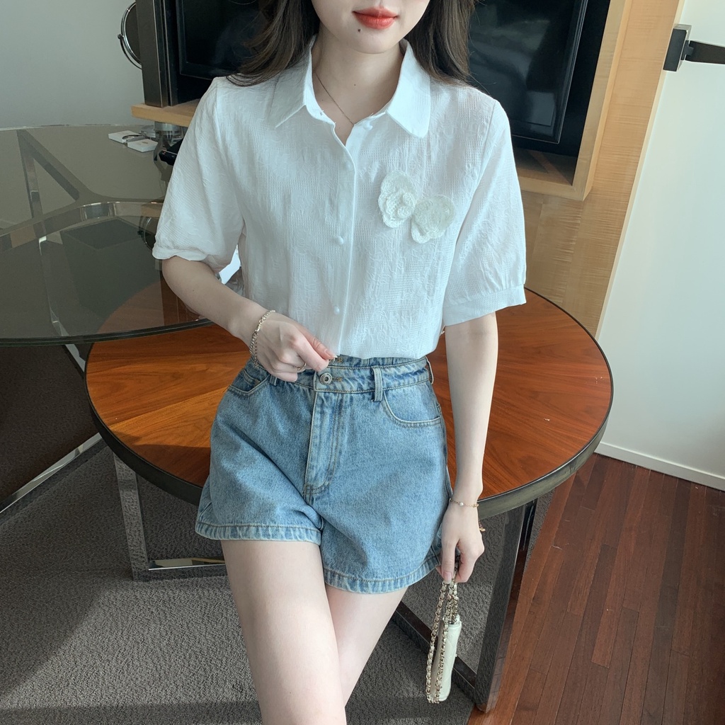 Áo Sơ Mi Vải Jacquard Cotton Mỏng Thêu Họa Tiết Ngọt Ngào Cho Nữ