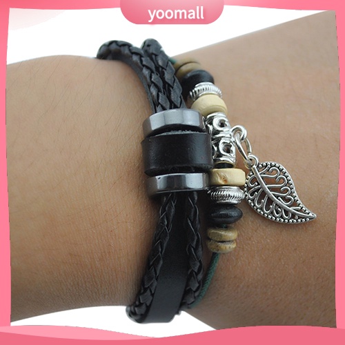 Vòng Tay Giả Da Nhiều Lớp Đính Hạt Và Mặt Hình Lá Có Thể Điều Chỉnh Kích Thước Unisex