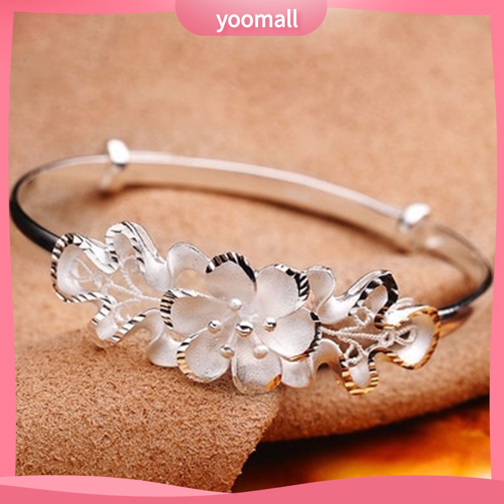 Vòng Tay Mạ Bạc Họa Tiết Hoa Thời Trang Có Thể Điều Chỉnh Kích Cỡ