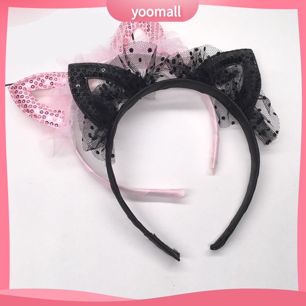 Băng Đô Cài Tóc Hình Tai Mèo Bằng Vải Gạc Đính Kim Sa Dễ Thương Cho Bé Gái