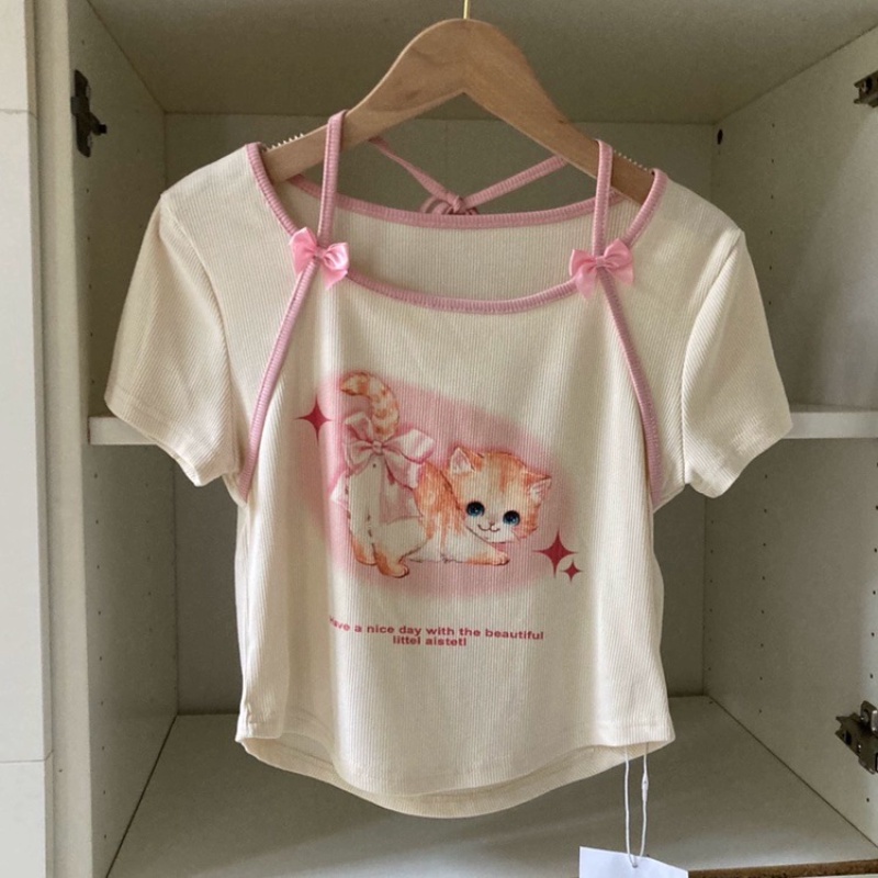 Áo Sơ Mi Ngắn Tay Thắt Nơ Họa Tiết Mèo Dopamine Đáng Yêu Cho Nữ