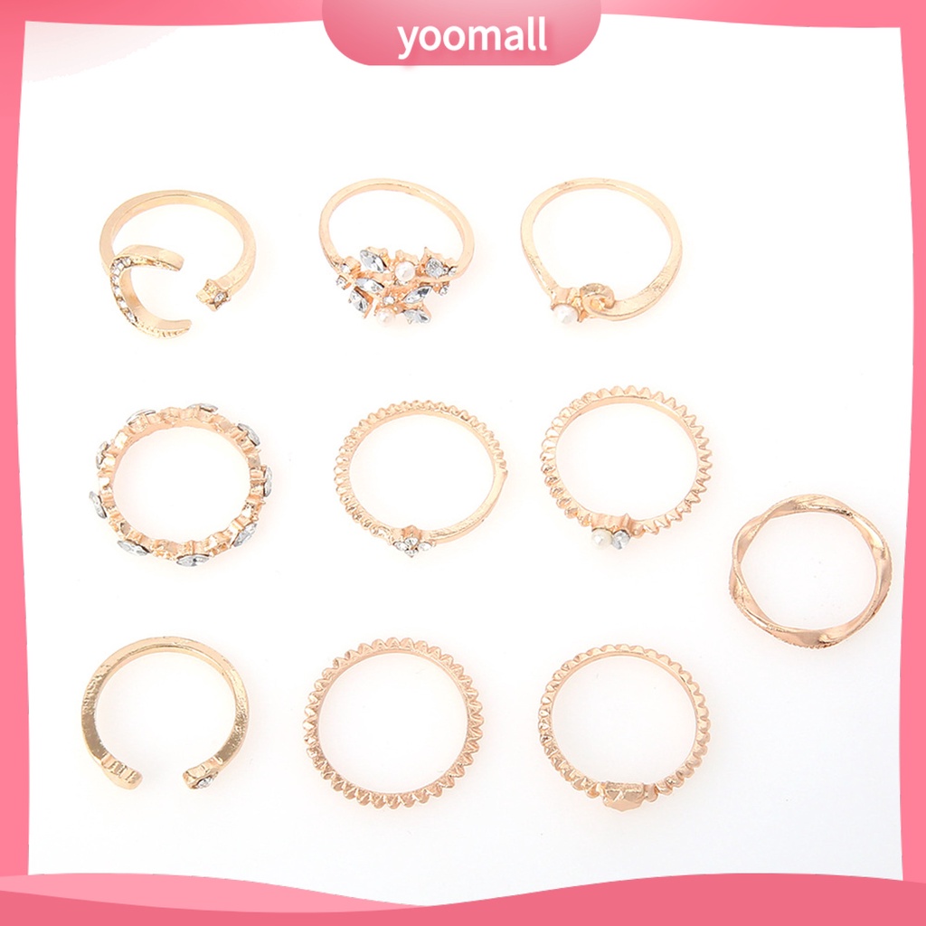 Bộ 10 Nhẫn Thời Trang Hình Học / Lá / Mặt Trăng / Trái Tim Không Phai Màu Trọng Lượng Nhẹ Cho Nữ