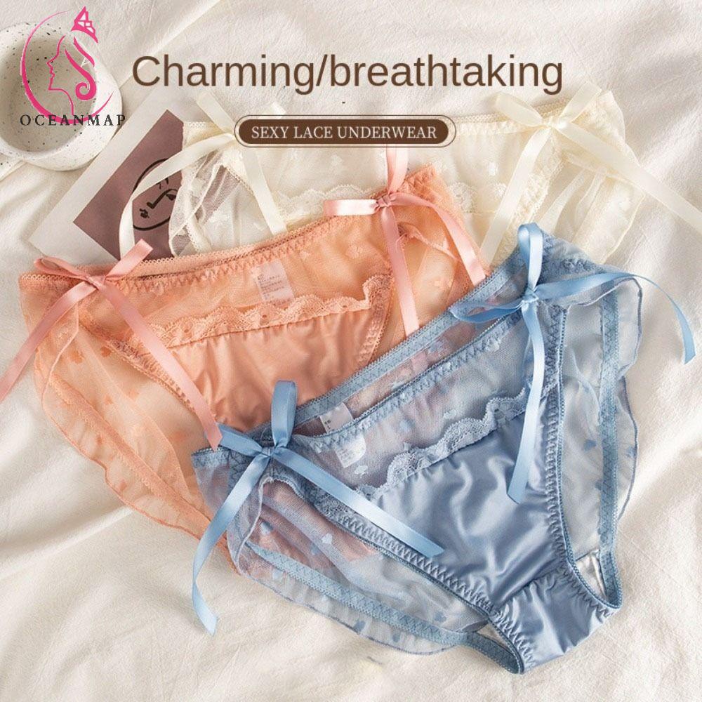 OCEANMAP Quần Lót Lụa Satin Viền Ren Lưng Thấp Chống Vi Khuẩn Thoải Mái Cho Nữ