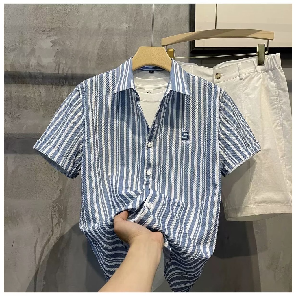 Áo Sơ Mi Tay Ngắn Phồng Họa Tiết Sọc Xanh Dương Thời Trang Mùa Hè 2023 Mới Dành Cho Bé Trai