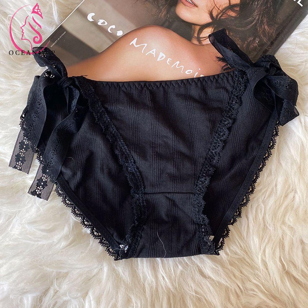 OCEANMAP Quần Lót Cotton Lưng Thấp Phối Ren Đính Nơ Quyến Rũ Cho Nữ