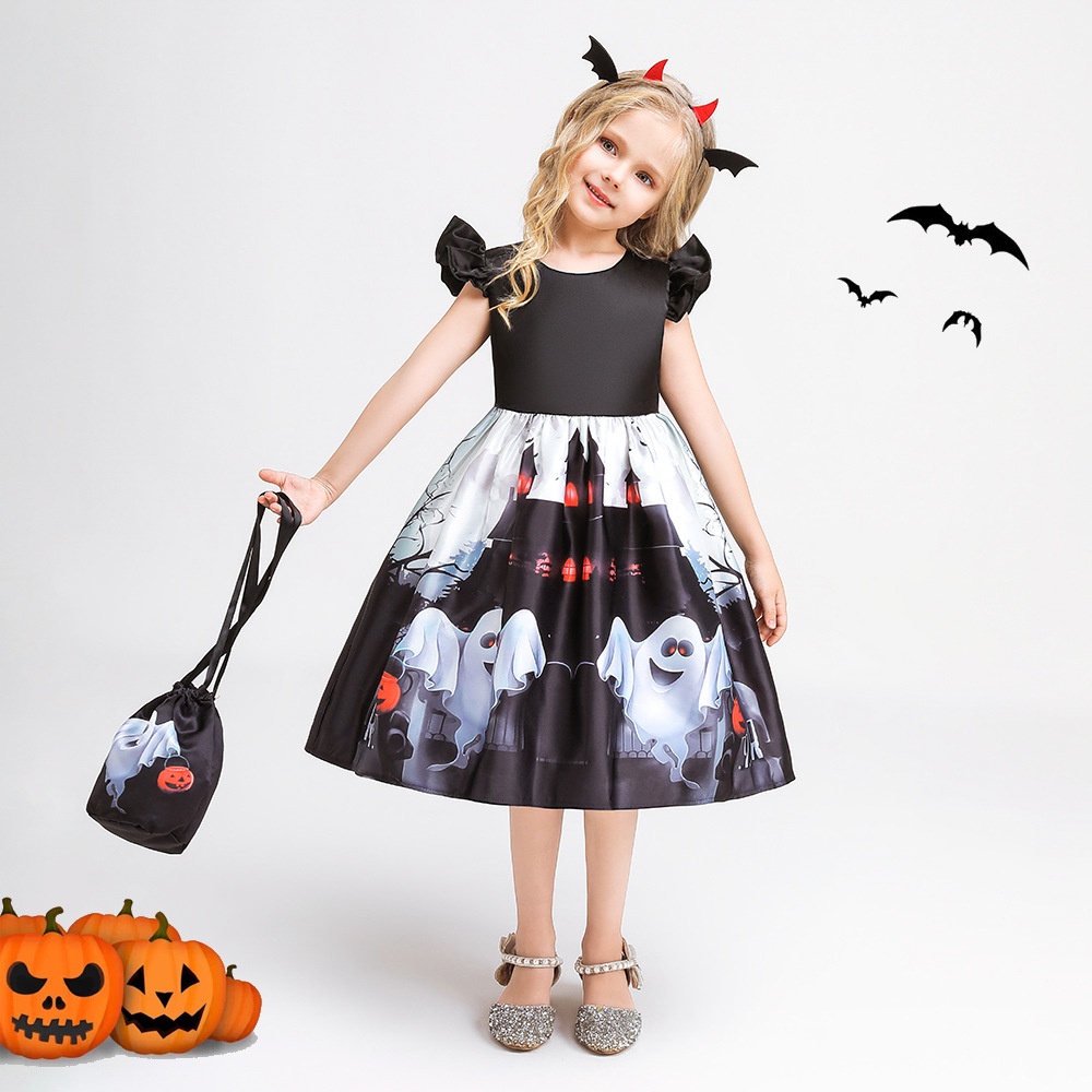 Đầm Hóa Trang Halloween Phối Lưới Phù Thủy Cho Bé Gái Mẫu Mới 2023 3-10 Tuổi