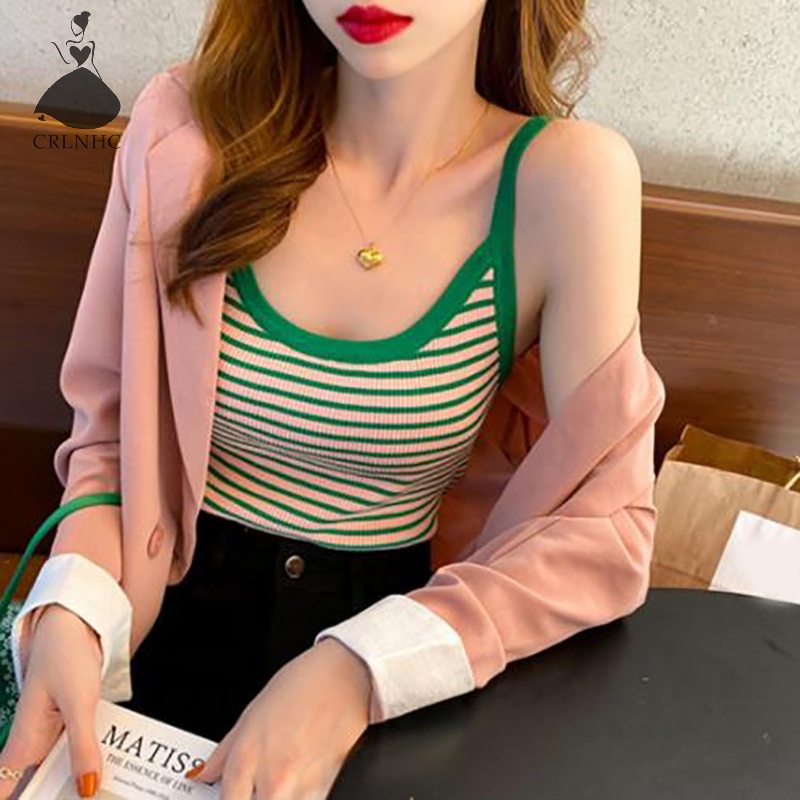 Áo Hai Dây Dệt Kim Dáng Ôm In Kẻ Sọc Kiểu Vintage Thời Trang Mùa Hè Cho Bạn Gái