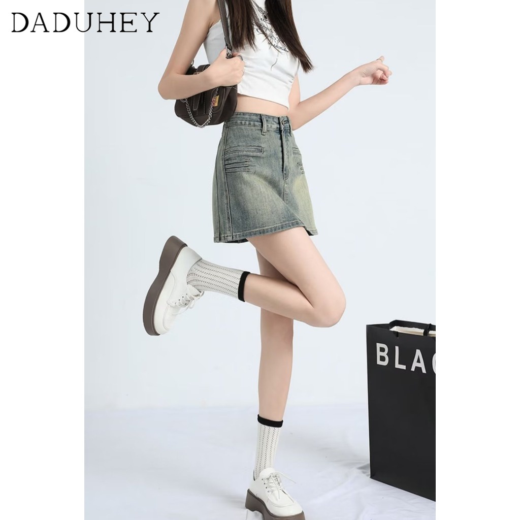 Chân váy denim DADUHEY dáng chữ A lưng cao mỏng công nghệ washed phong cách retro Mỹ mới