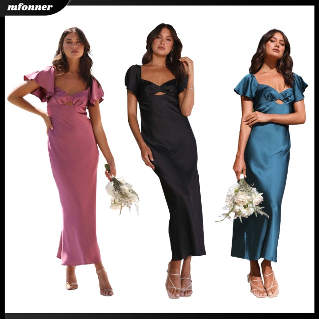 Đầm Midi Tay Ngắn Cổ Trái Tim Màu Sắc Thanh Lịch Dành Cho Nữ