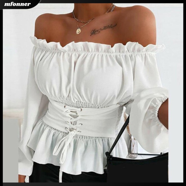 Áo Thun Trễ Vai Tay Dài Phối Bèo Màu Sắc Đơn Giản Cho Nữ