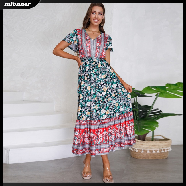 Đầm Maxi Lưng Cao Cổ Chữ V Họa Tiết Hoa Phong Cách Boho Thời Trang Mùa Hè Cho Nữ