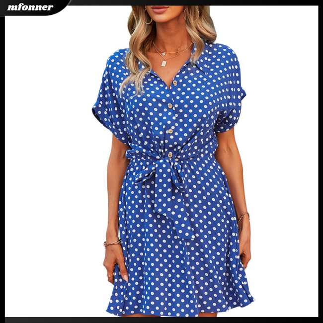 Đầm Tay Ngắn Cổ Bẻ In Họa Tiết Chấm Bi Thời Trang Mùa Hè Xinh Xắn Cho Nữ