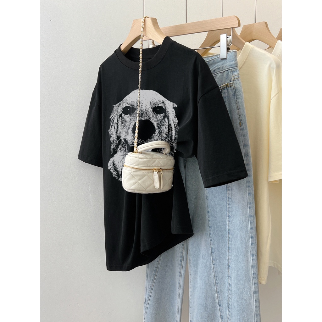 Áo Thun Đen Tay Ngắn Dáng Rộng In Họa Tiết Hoạt Hình Chú Chó Dễ Thương Phong Cách Hàn Quốc Thời Trang Mùa Hè Cho