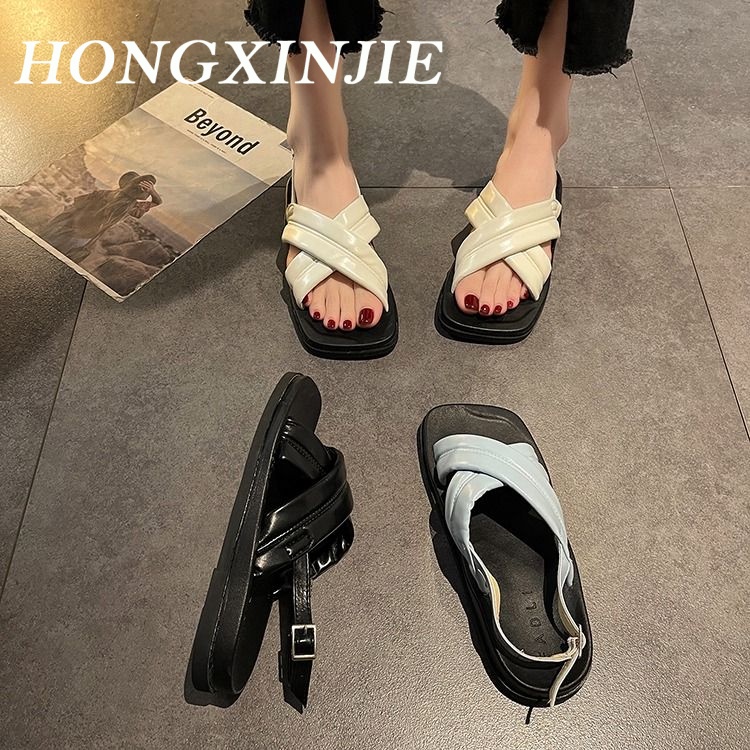 HONGXINJIE dép nữ dép sandal nữ dép quai hậu nữ 2023NEW Lưới đen trắng của khu phố thời trang retro 071413