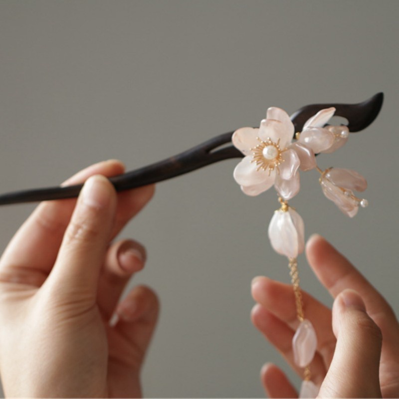 Trâm Cài Tóc Bằng Gỗ Hình Hoa Đính Ngọc Trai Nhân Tạo Phong Cách Vintage