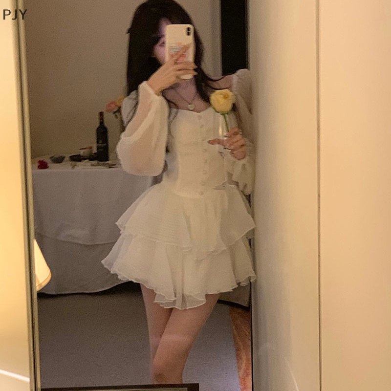 Đầm Chiffon Mini Xếp Ly Tay Phồng Ngọt Ngào Thanh Lịch Phong Cách Hàn Quốc Cho Nữ PJ