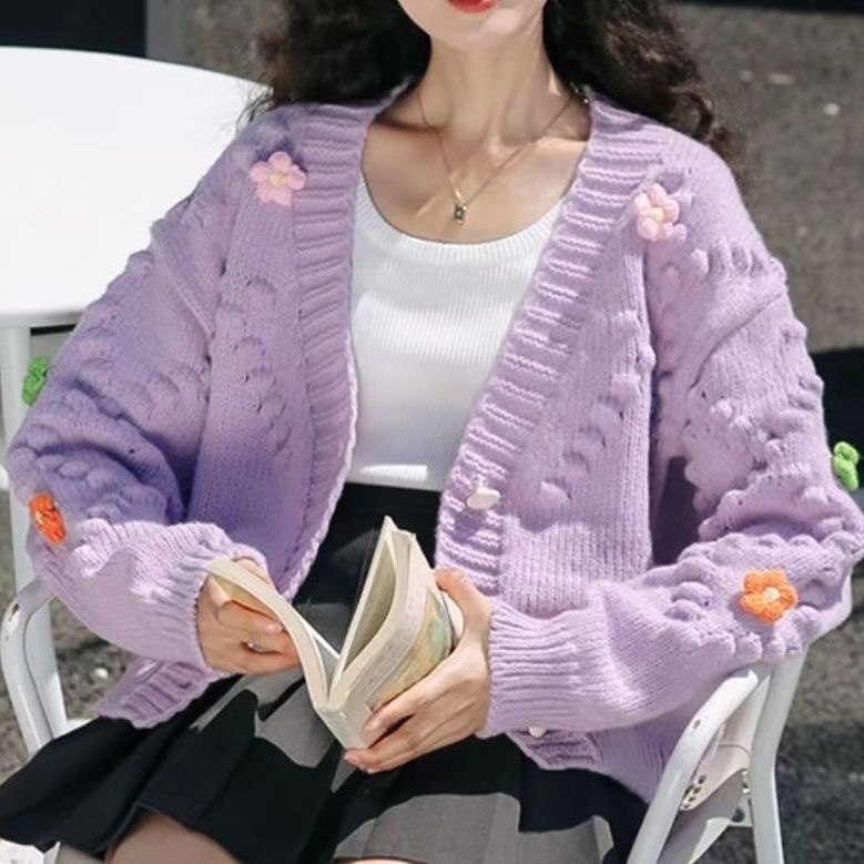 Áo Khoác Cardigan Dệt Kim Dáng Rộng Họa Tiết Hoa Xinh Xắn Cho Nữ