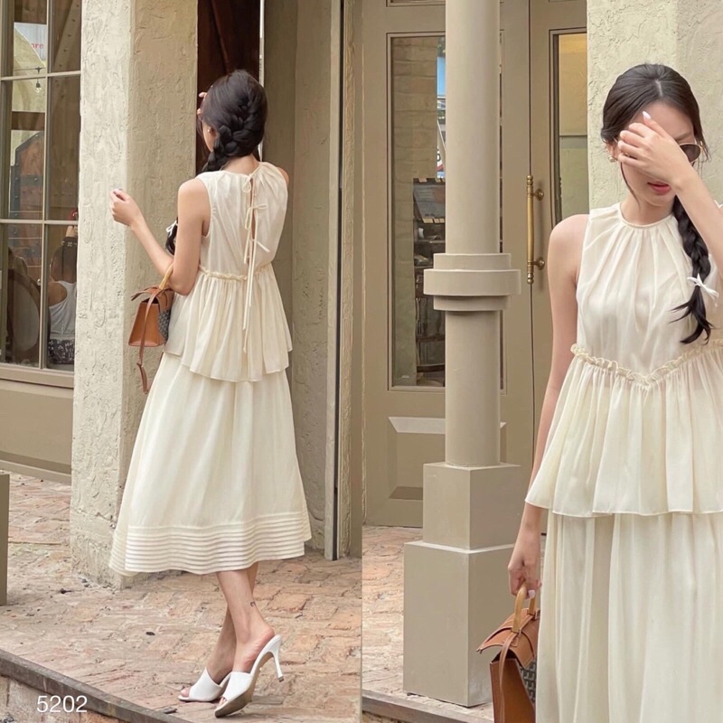 Set Áo Voan Peplum Sát Nách Kèm Chân Váy Dài Xoè Nhún Bèo Tiểu Như Nhẹ Nhàng Màu Kem Đi Biển ( Hàng Đẹp L1 + Ảnh Thật )