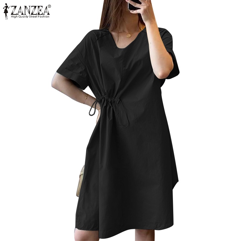Zanzea Đầm Dây Rút Ngắn Tay Cổ Chữ V Thời Trang Nữ Hàn Quốc