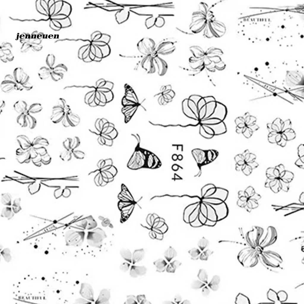 Miếng Dán Trang Trí Móng Tay Chuyển Họa Tiết Hoa Và Bướm Màu Trắng Đen