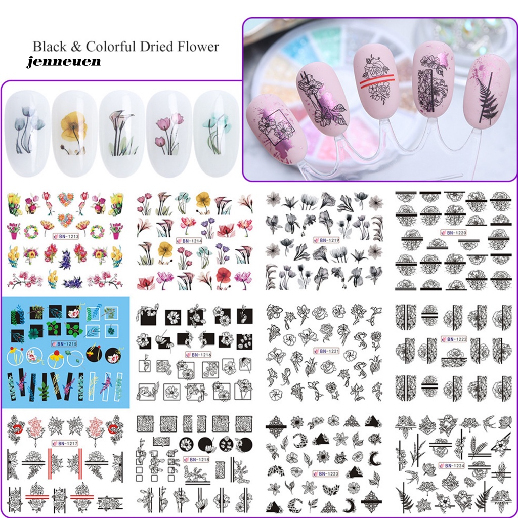 1 Bộ Miếng Dán Móng Tay Dạng Trượt Nước Hình Hoa Lá Màu Đen