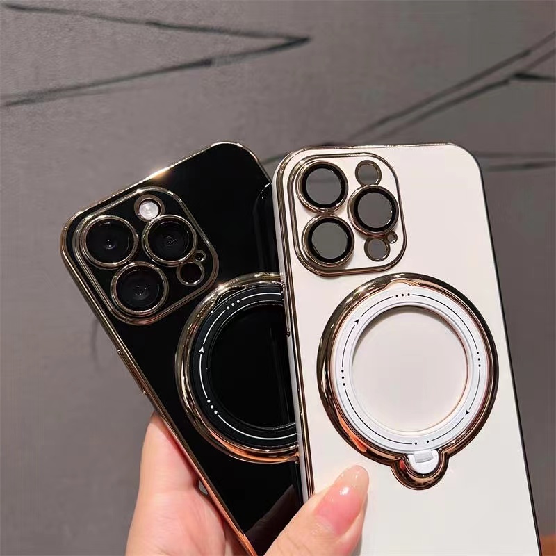 Bông Tai Mạ Sang Trọng Xoay 360 Độ° Ốp Điện Thoại Mềm Có Giá Đỡ Từ Tính Và Bảo Vệ Ống Kính Máy Ảnh Cho 11 12 13 14 Pro max 14plus