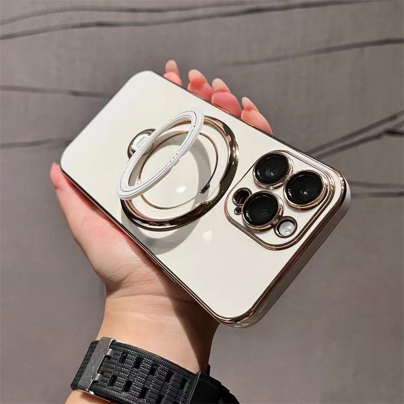 Bông Tai Mạ Sang Trọng Xoay 360 Độ° Ốp Điện Thoại Mềm Có Giá Đỡ Từ Tính Và Bảo Vệ Ống Kính Máy Ảnh Cho 11 12 13 14 Pro max 14plus