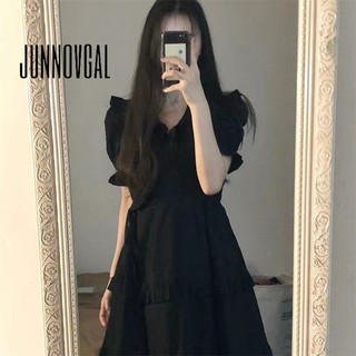 JUNNOVGAL Nữ Thời Trang Mới Cổ Chữ V Mỏng Tính Khí Gợi Cảm Nhẹ Nhàng Đầm Đen Nhỏ