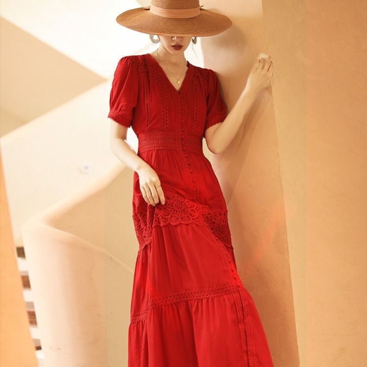 Đầm Trắng Dài Ngang Mắt Cá Chân Eo Cao Tay Dài cotton7.19