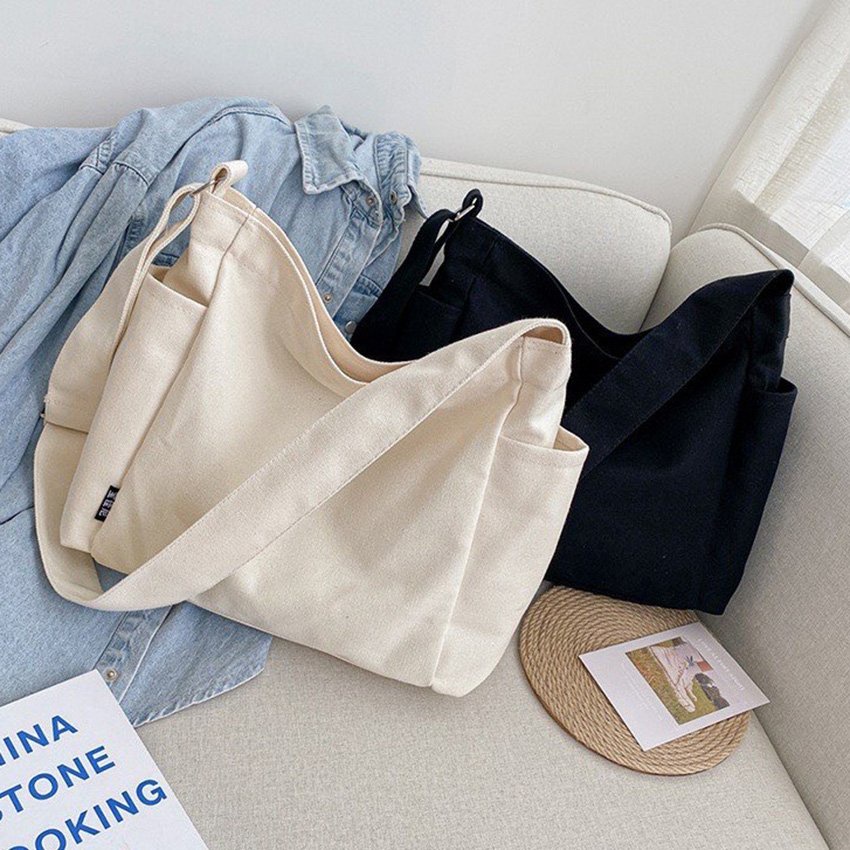 Túi Xách Vải canvas Màu Trơn Sức Chứa Lớn Thời Trang Phong Cách Hàn Quốc