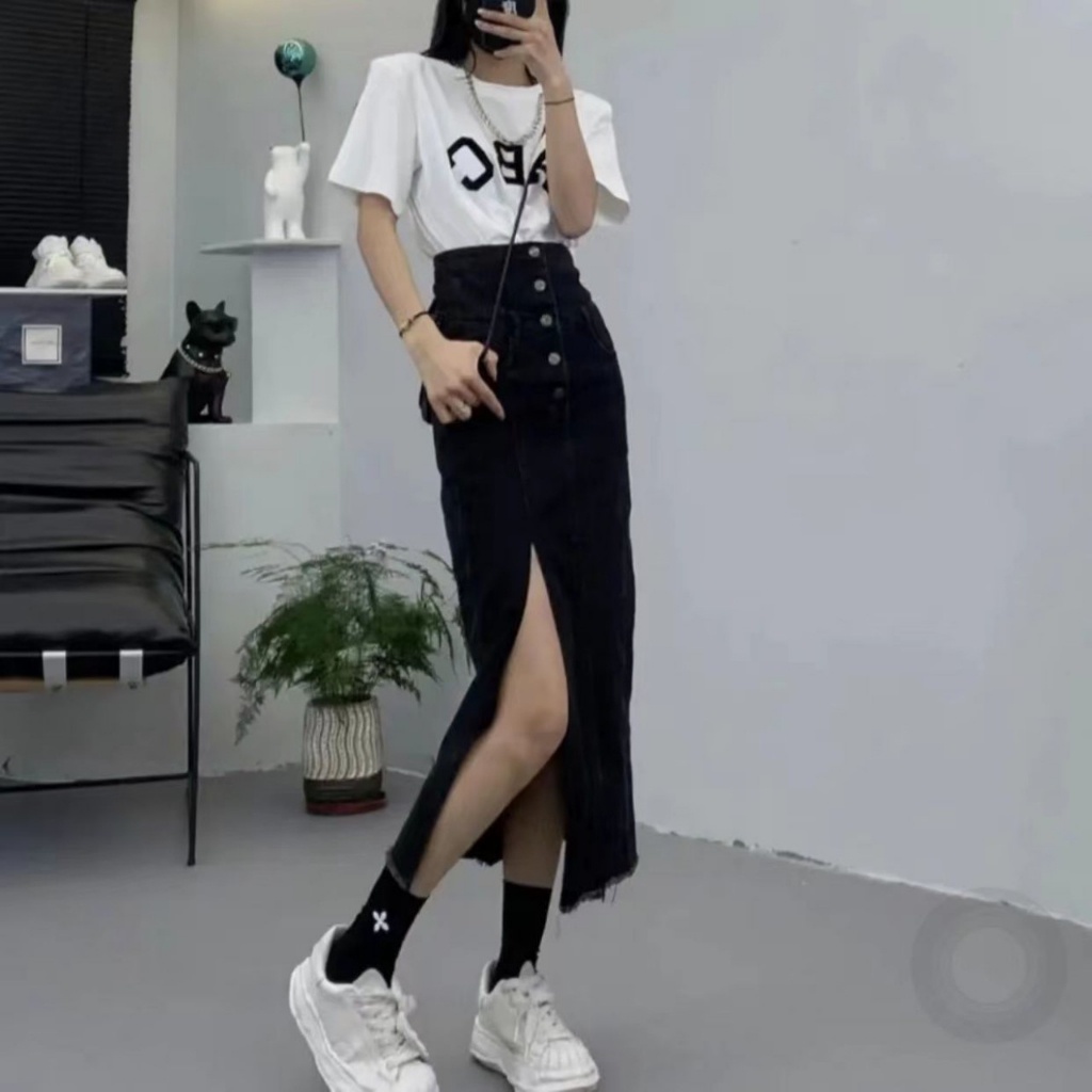 Chân váy jean dài midi phong cách, chân váy dài tua gấu cạp cao tôn dáng C36