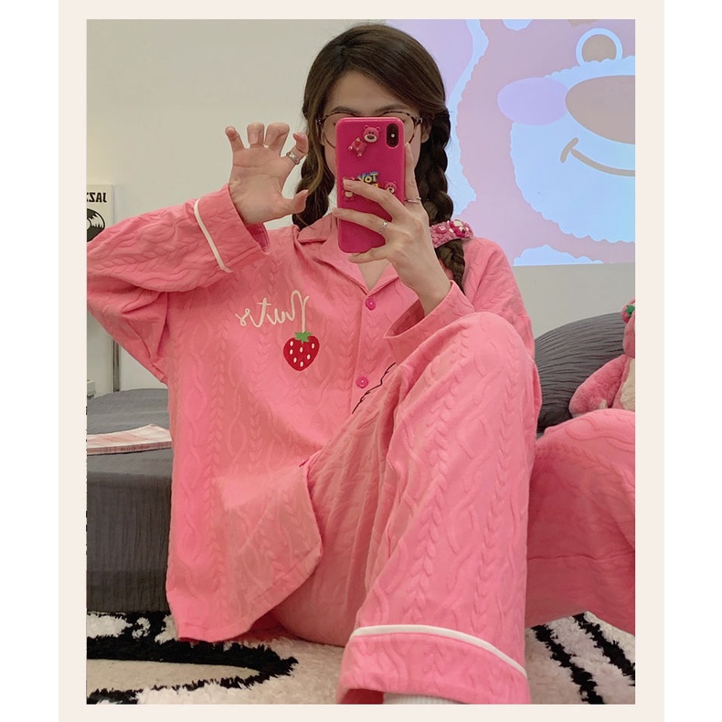 Bộ Đồ Ngủ Chất Cotton Tay Dài In Họa Tiết Trái Dâu Tây Dễ Thương Thời Trang Xuân Thu Cho Nữ