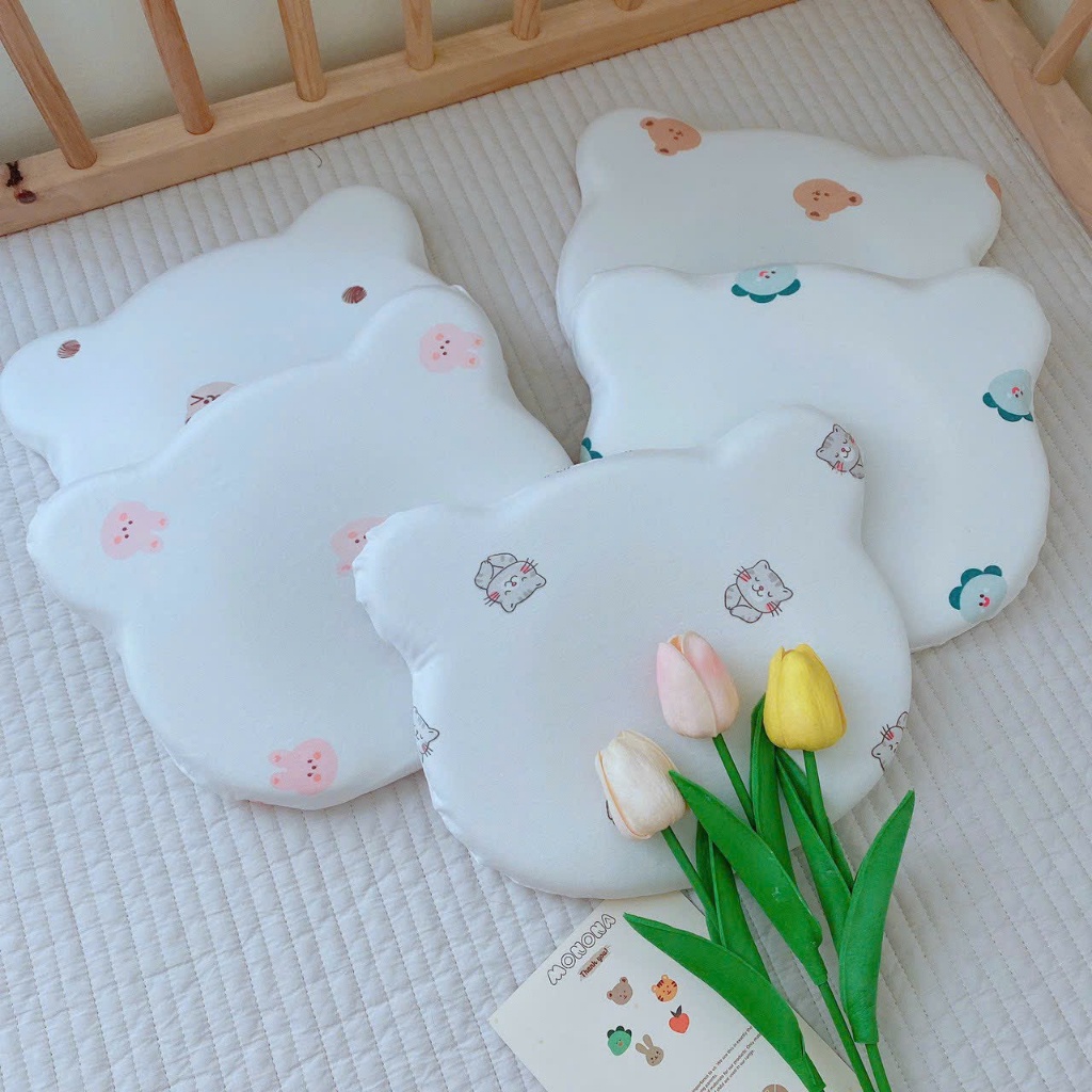 Gối LÕM cao su non CSN02 HÌNH GẤU Monona dành cho bé từ sơ sinh cotton co giãn 4 chiều giúp bé chống bẹp đầu 2024