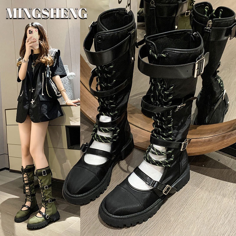 Ms Giày Bốt Đi Xe Đạp Đường Phố Đế Dày Buộc Dây Dài Đến Đầu Gối Màu Đen Có Khóa Thắt Lưng Giữa Bắp Chân Đường Phố Cho Nữ