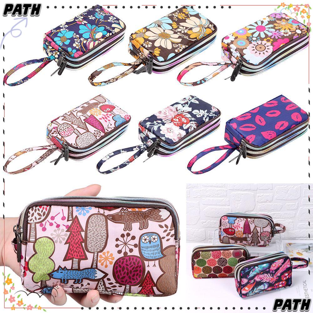 ♪PATH♪ Fashion Print Canvas Bag Portable Coin Purse Female Handbag Waterproof Larger Capacity Practical Key Three-layer Long Wallet