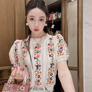 Áo Thun Dệt Kim Tay Ngắn Cổ Tròn Thêu Hoa Thời Trang Mùa Hè Cho Nữ
