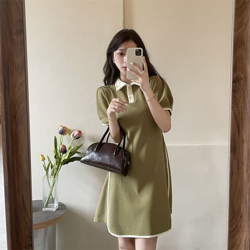 Đầm cổ polo tay phồng dáng rộng màu trơn phong cách Hàn Quốc thời trang mùa hè cho nữ